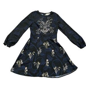 Loft Dress Women's Size 4‎ Black 100 % Polyester Floral Long Sleeve Round Neck